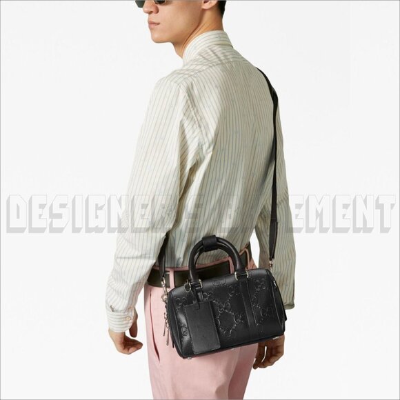 GUCCI black Calf TENNIS perforated GG Embossed Mini Duffle BOSTON strap Bag + π - Picture 8 of 10